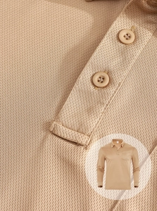 Detail of camel long-sleeve polo shirt showing breathable knit fabric and collar buttons