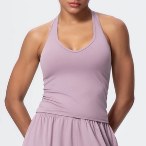 Close-up of lilac purple yoga bra with V-neckline and high stretch athletic shorts