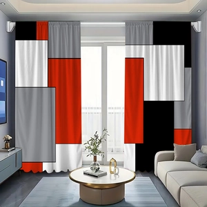 Detail of modern geometric block pattern curtain with red, grey, and black polyester fabric