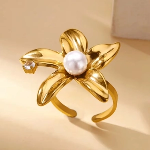 Elegant gold open ring featuring a 3D flower design with white pearl and sparkling zircon