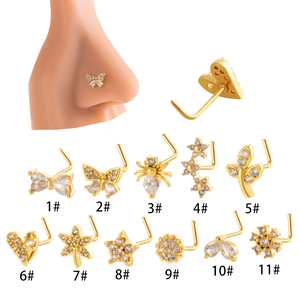 L Shaped Nose Studs Stainless Steel Copper Cubic Zirconia Butterfly Spider Flower Star Heart Piercing Jewelry For Women