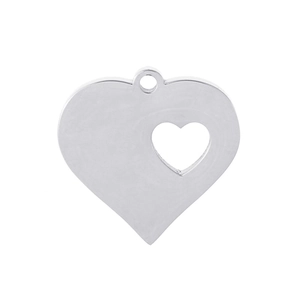 Detailed close-up of a silver heart-shaped pendant with hollow center and top ring