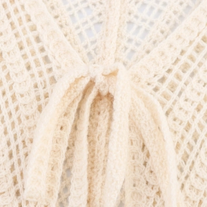 Summer hollow knit long vest dress in cream with drawstring tie and crochet design