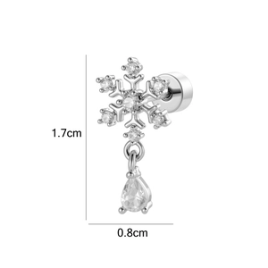 Silver snowflake earrings with micro-inlaid cubic zirconia and teardrop pendants