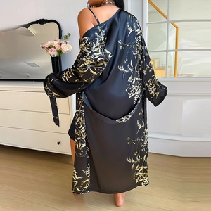 Plus size black floral satin robe and nightgown set with elegant pattern design