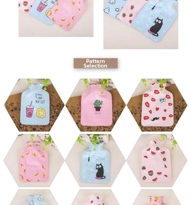 Detailed grid of mini hot water bottles with lemon, cactus, and watermelon patterns
