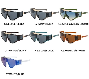 Detailed grid of futuristic wrap-around sports sunglasses in seven various color options