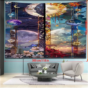 Extra wide Christmas tapestry with sun moon design and colorful floral stained glass style