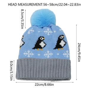 Winter beanie size chart showing dimensions of the penguin jacquard knit hat with pom-pom