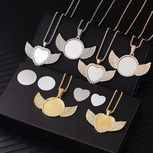 Sublimation angel wing necklaces in gold, silver, and rose gold with rhinestone accents
