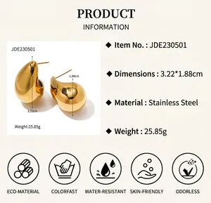 Detail view of 18K gold plated teardrop earrings with dimensions 3.22x1.88cm