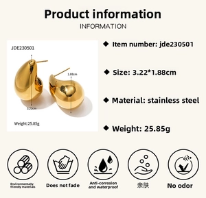 Detail view of 18K gold plated teardrop earrings with dimensions 3.22x1.88cm
