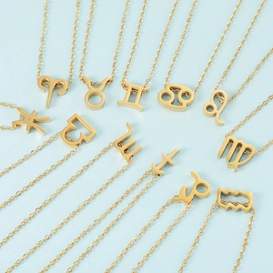 Collection of golden 12 zodiac sign pendant necklaces on a light blue background