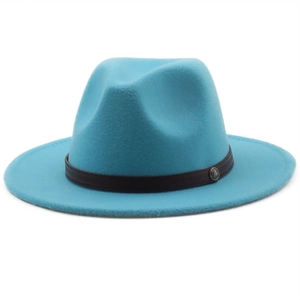Sky blue wool felt fedora hat with a wide brim and brown leather band and buckle