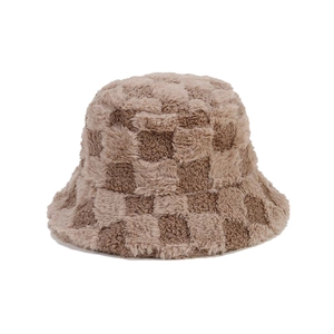 Winter checkered plush bucket hat with brown and beige faux fur for warmth