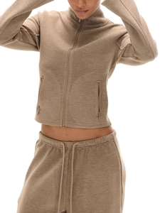 Women's vintage brown fleece tracksuit set featuring zip-up sweatshirt and drawstring pants