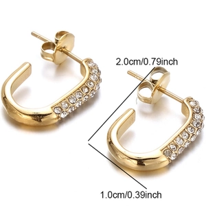 Gold stainless steel C-shaped stud earrings with double rows of sparkling rhinestones