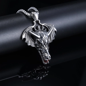 Pterosaur dragon pendant necklace in stainless steel with red crystal eyes and box chain