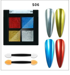 Detail of four-color solid chrome nail powder set with mirror effect on nails