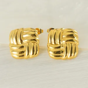Square Stud Earrings 18K Gold Plated Stainless Steel Woven Texture Geometric Braided Design Vintage Elegant For Women