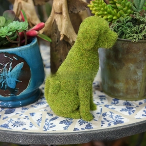 Detail of green flocked puppy ornament with moss texture on a garden table surface