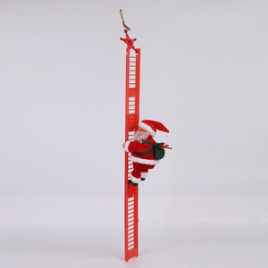Electric Santa Claus climbing a red ladder with a green gift bag for Christmas decor