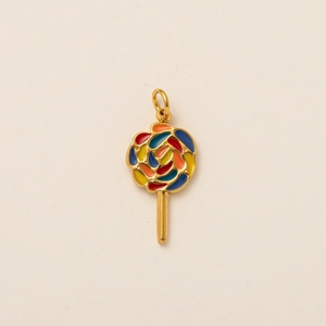 Close-up of golden lollipop charm with colorful enamel on 18K gold plated necklace