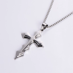 Polished stainless steel layered cross pendant necklace with a durable round link chain