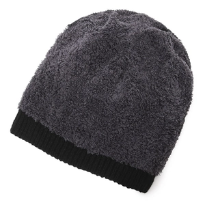 Winter thermal knit beanie with thick gray fleece lining and black ribbed cuff detail