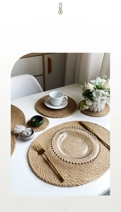 Close-up of thick jute fiber woven heat-resistant placemat with spiral texture