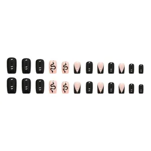 French style black snake pattern press-on nails in square oval shape for women