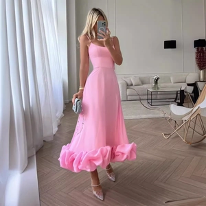Elegant pink floral strap A-line evening dress with tiered ruffled hem for women