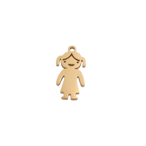 Detailed view of a golden cartoon girl pendant made of polished mirror titanium steel