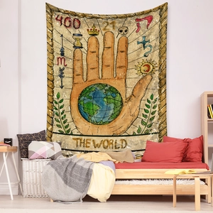 Detail of occult tapestry with palm and world map design for vintage wall decor