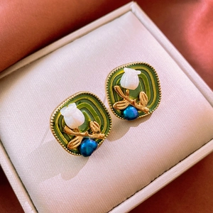 French Vintage Square Tulip Flower Stud Earrings Alloy Green Enamel With 925 Sterling Silver Earring Post For Women
