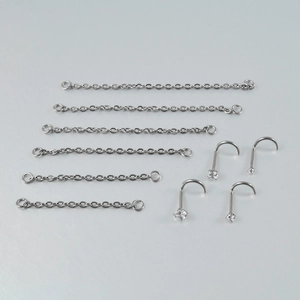 G23 titanium nose stud set with double chains and inlaid zircon piercings in silver finish