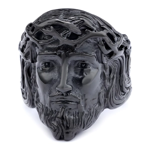 Vintage black stainless steel Jesus head ring with crown of thorns for men