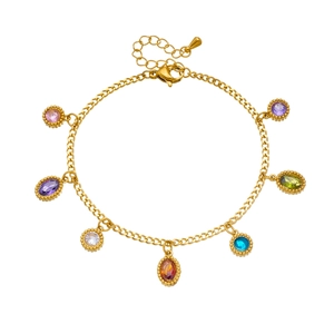 Gold stainless steel link bracelet with vibrant oval and round colorful gemstones