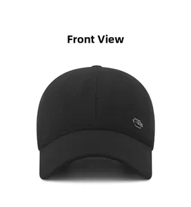 Front view of black winter baseball cap with plush lining and metal logo detail
