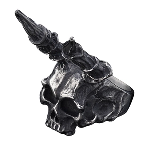 Gothic punk ram horn skull ring in vintage stainless steel with dagger detail
