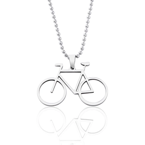 Minimalist silver mountain bike pendant with classic bead chain on white background