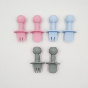 Detail of short-handle silicone baby training spoons and forks with safety guard set