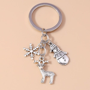 Detailed view of a silver Christmas keychain with snowflake, snowman, and reindeer charms