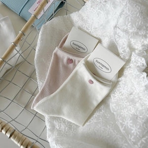 Creamy white and pink mid-calf cotton socks with cute decorative shell buttons