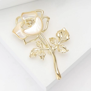 Elegant rose shell brooch with gold leaves on a white minimalist background