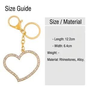 Golden heart-shaped rhinestone keychain with alloy lobster clasp for bags and accessories