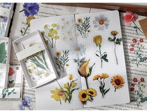 Detail of floral stickers set featuring sunflowers and roses on a grid journal