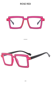 Detail view of rose red pixel-style square TR90 glasses from front and side perspectives