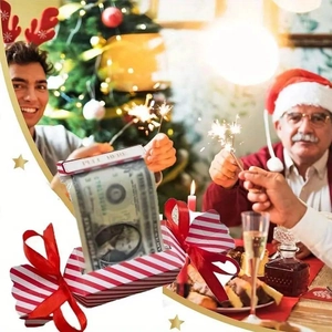 Detail of Christmas candy-shaped money pull box with red stripes and clear plastic bags