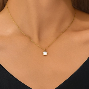 Vue détaillée du collier en argent S925 doré avec pendentif fleur en nacre sur le cou